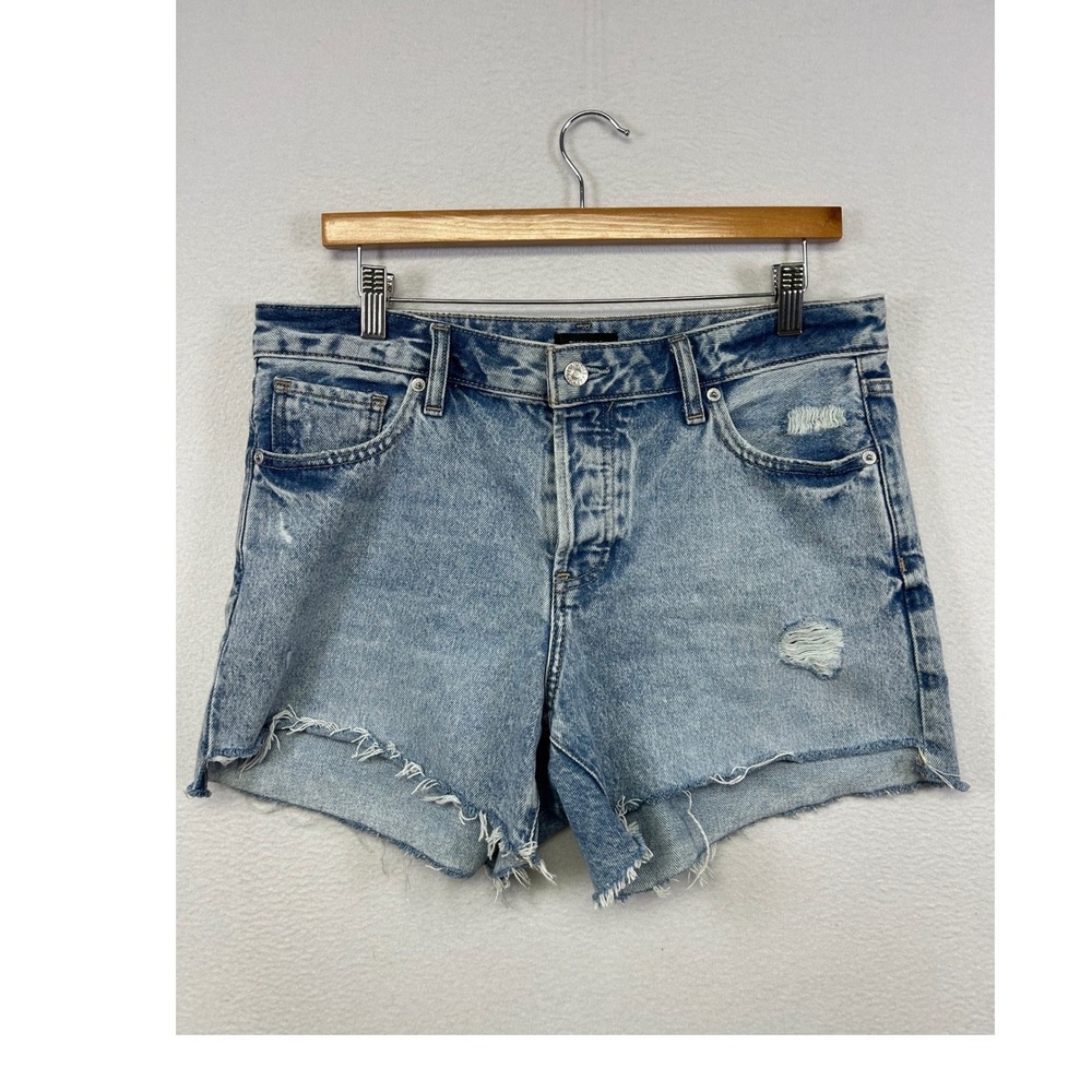 Y2K Grunge Express Women 8 Blue Boyfriend Midi Mid Rise Distressed Denim Shorts